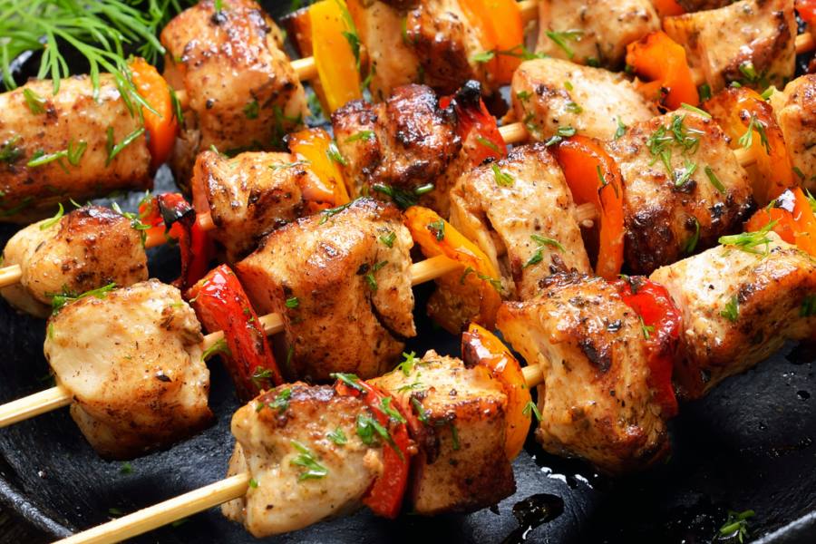 Maple-Glazed Grilled Chicken with Roasted Vegetable Skewers